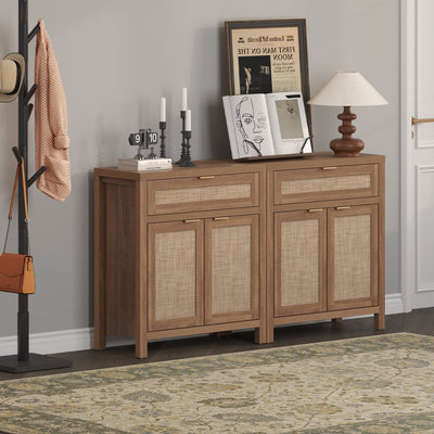 Sideboard Buffet Cabinet Set of 2, Rattan Credenza Storage Cabinet, Boho Accent Cabinet with Doors and Drawer for Kitchen Entryway Living Dining Room